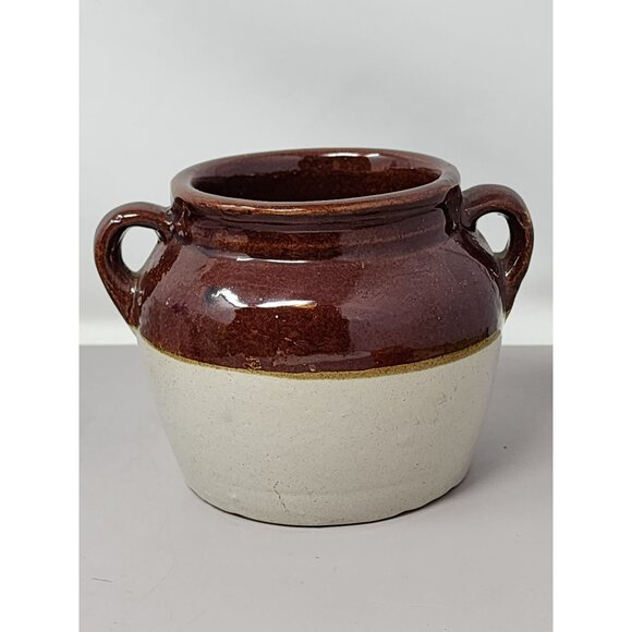 Brown &‎ Cream Ceramic Two-Handled Bean Pot/Vase Or Pottery Jar - Picture 1 of 9
